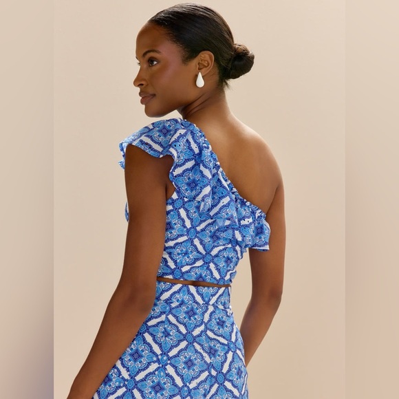 Mi Ami Matching Set Blouse Shorts Women’s S Blue White One Shoulder Cropped Boho - Picture 2 of 13